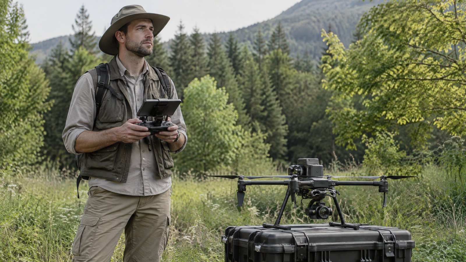 Environmental scientist with a drone controller beside a survey drone at a forest edge